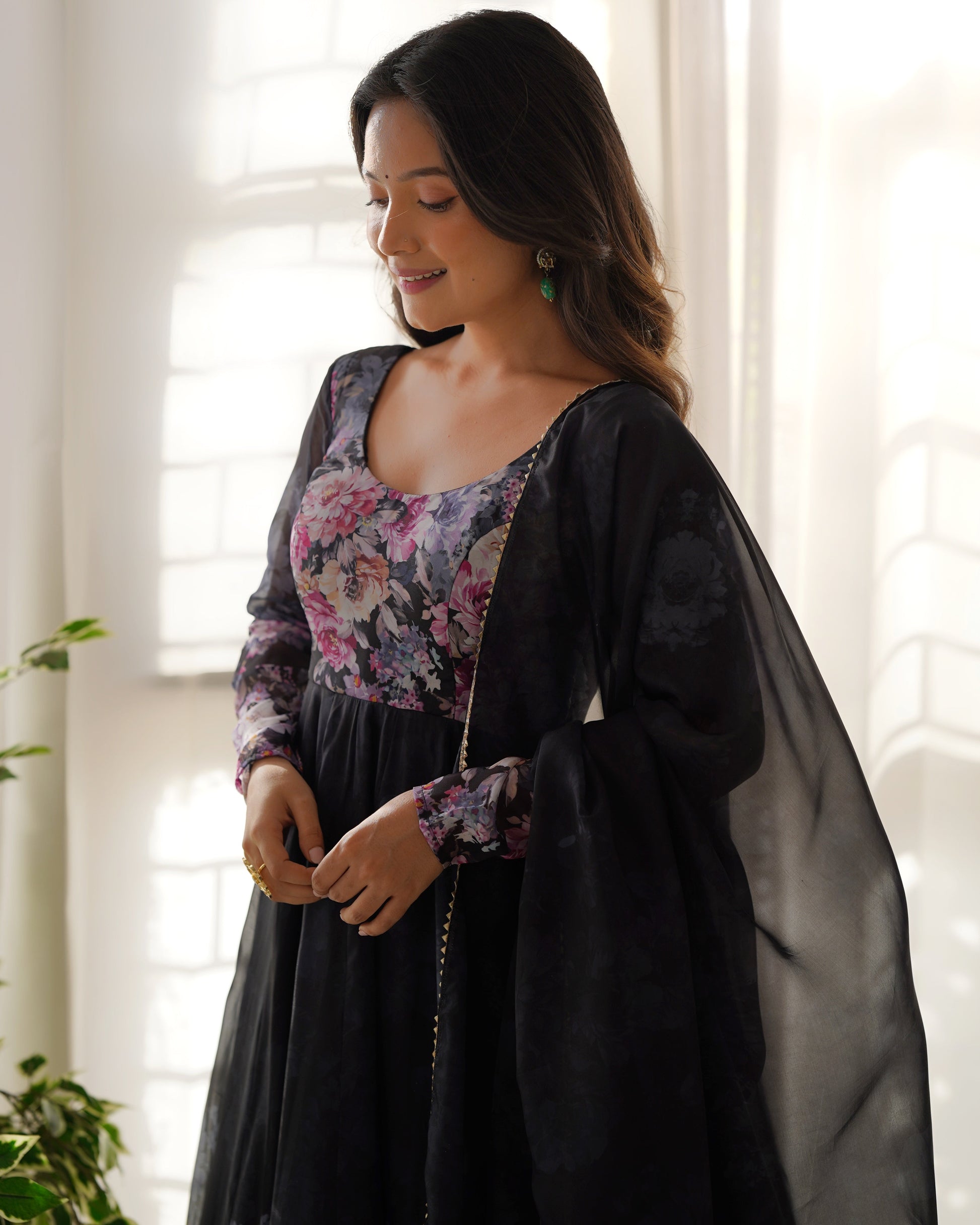 Teeya Creation Black Color Digital Print Soft organza Anarkali With Pants And Dupatta