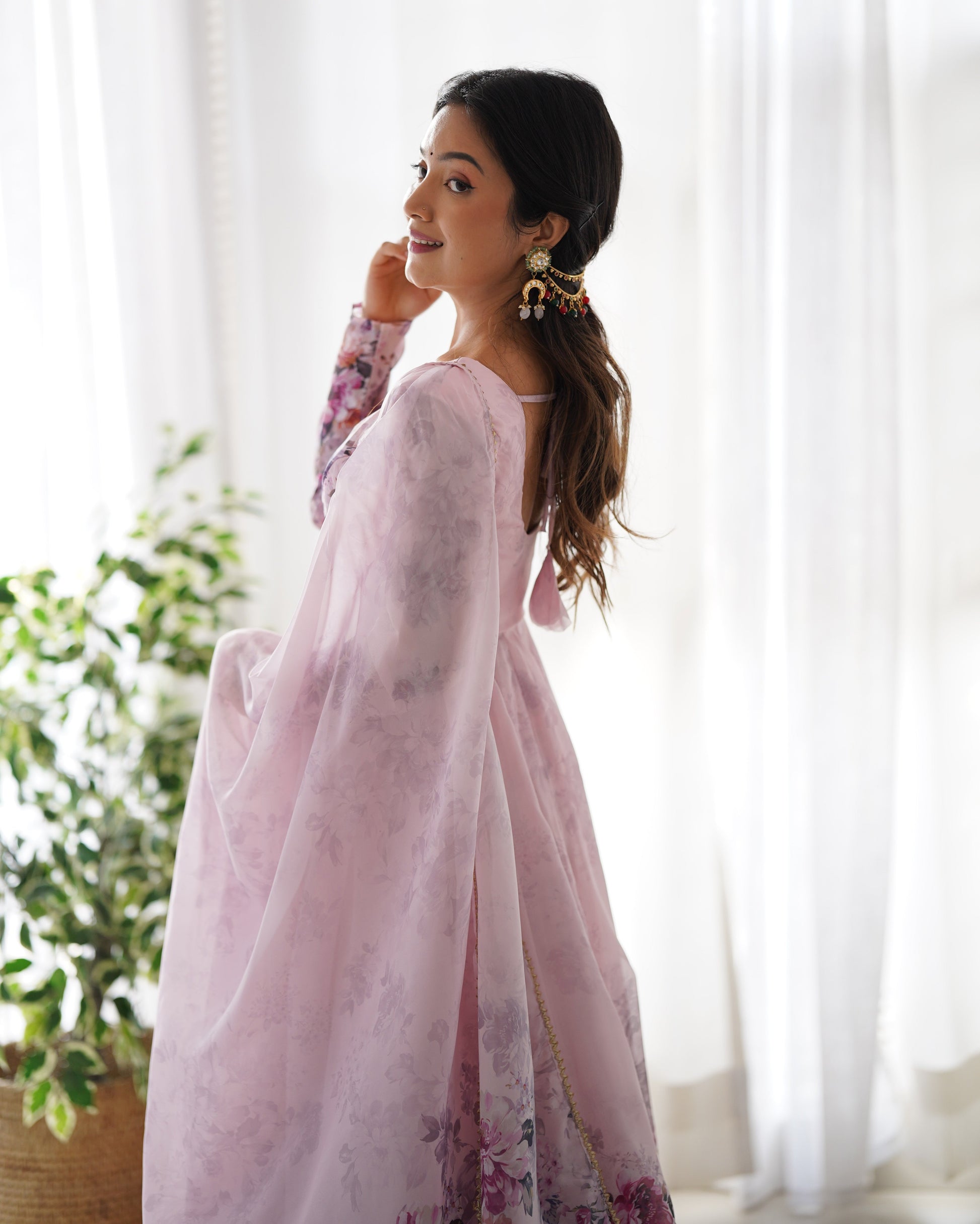 Teeya Creation Pink Color Digital Print Soft organza Anarkali With Pants And Dupatta