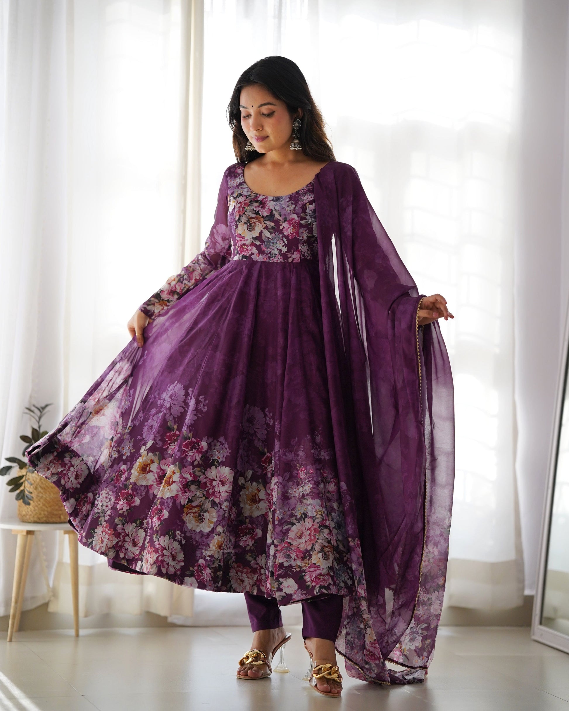 Teeya Creation Wine Color Digital Print Soft organza Anarkali With Pants And Dupatta