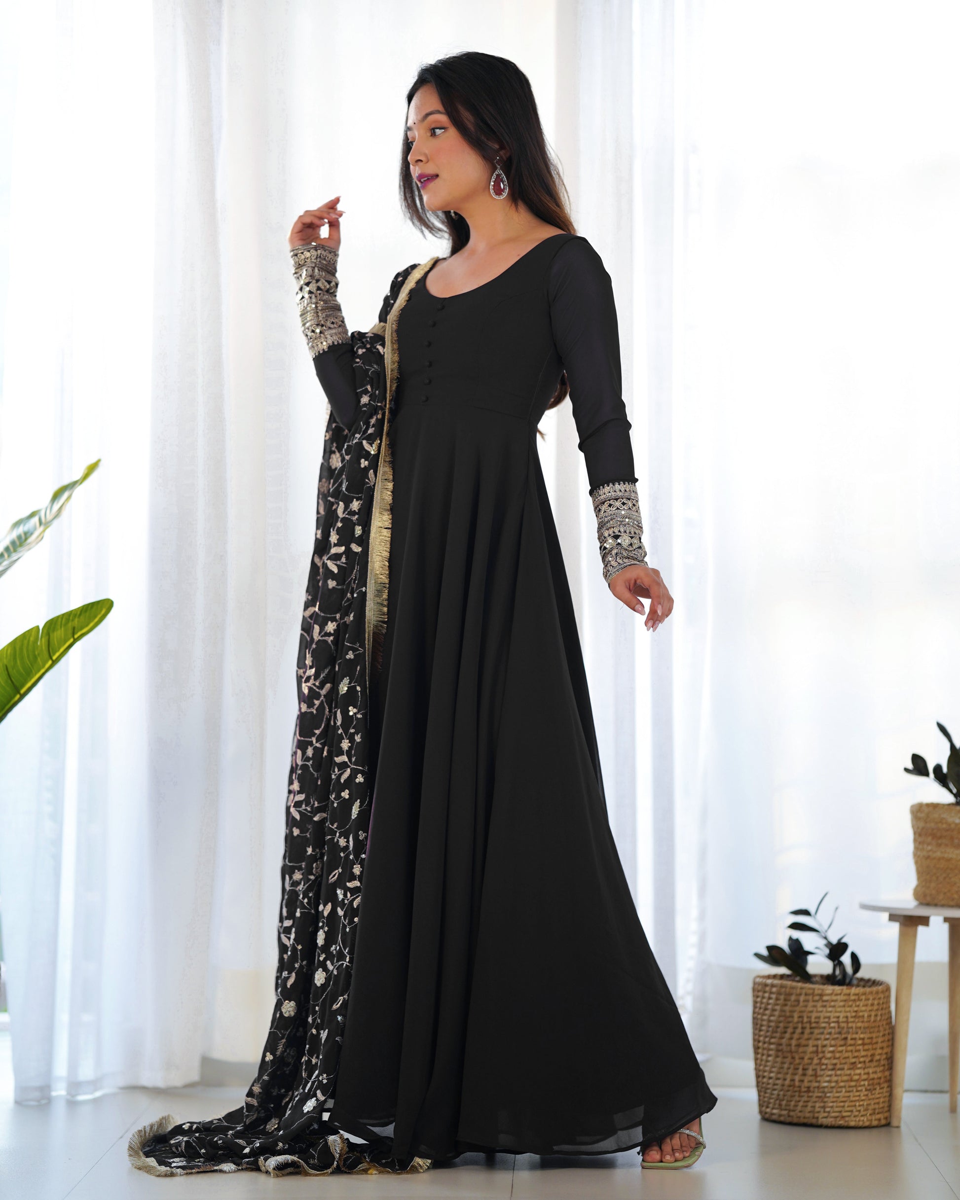Teeya Creation Black Color Party Wear Faux Georgette Anarkali Gown With Pants And Dupatta