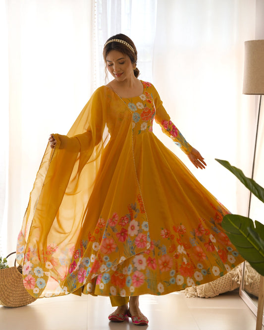 Teeya Creation Yellow Color Digital Print Soft organza Anarkali With Pants And Dupatta
