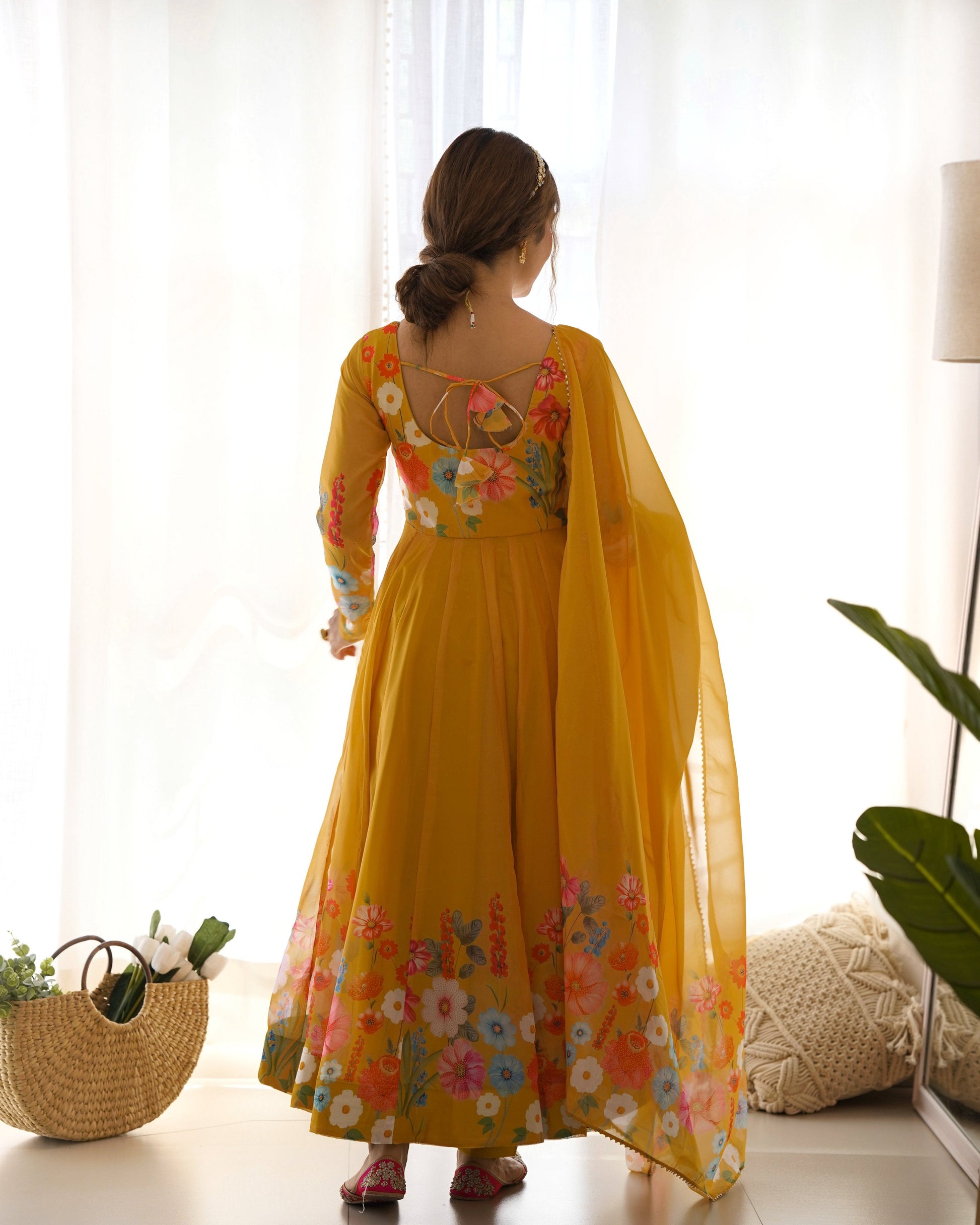 Teeya Creation Yellow Color Digital Print Soft organza Anarkali With Pants And Dupatta