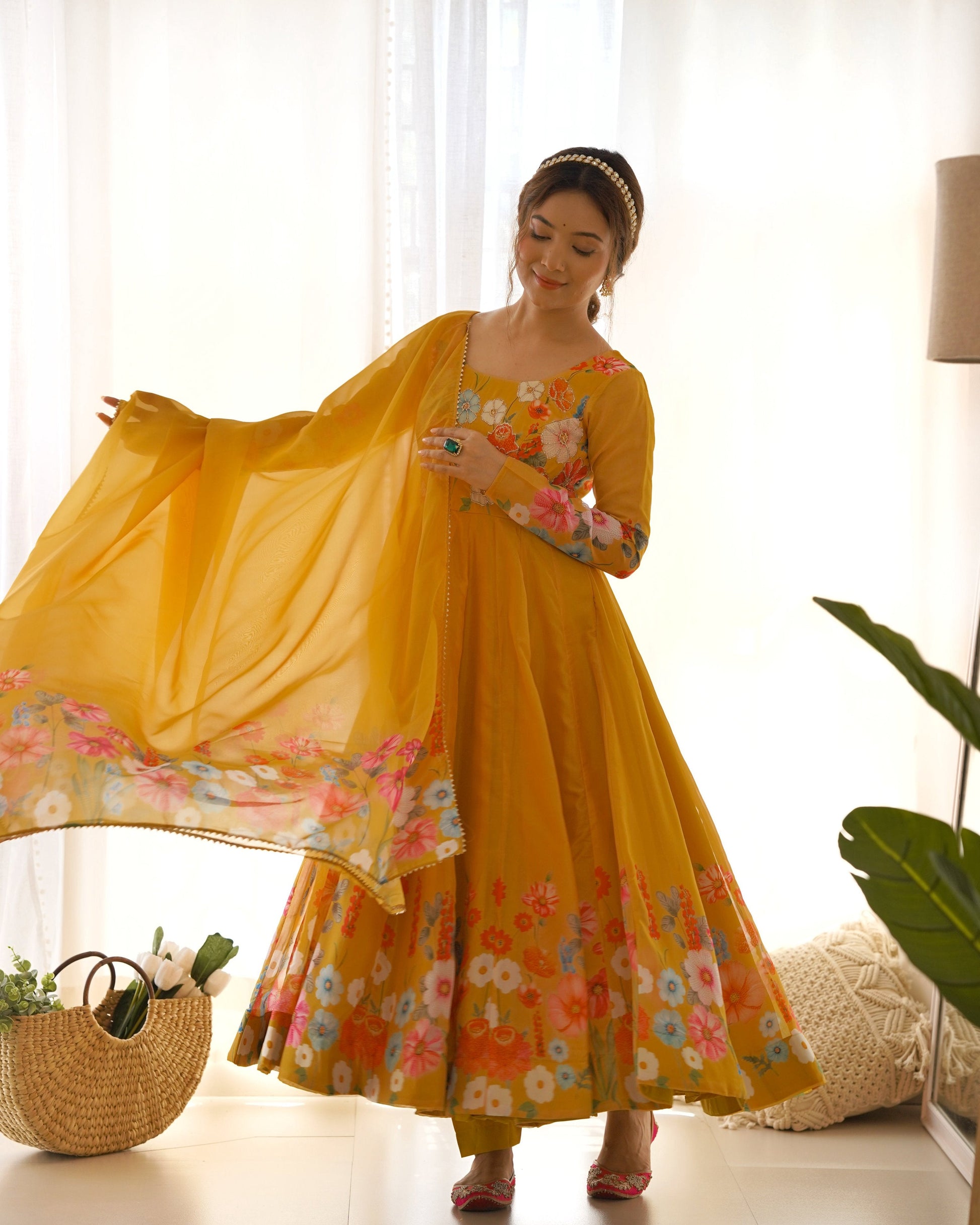 Teeya Creation Yellow Color Digital Print Soft organza Anarkali With Pants And Dupatta
