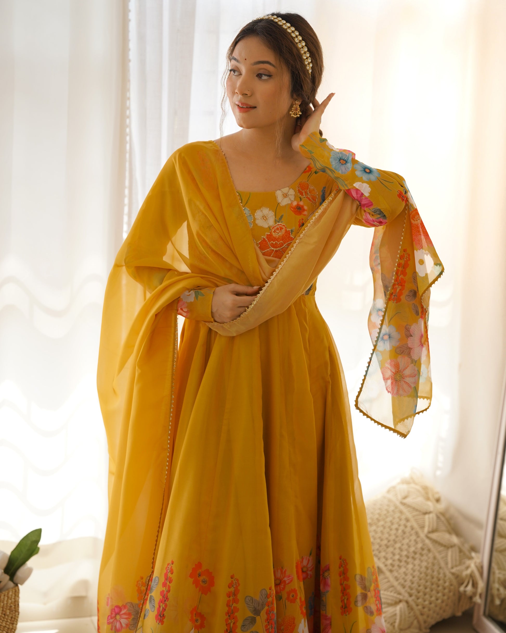 Teeya Creation Yellow Color Digital Print Soft organza Anarkali With Pants And Dupatta