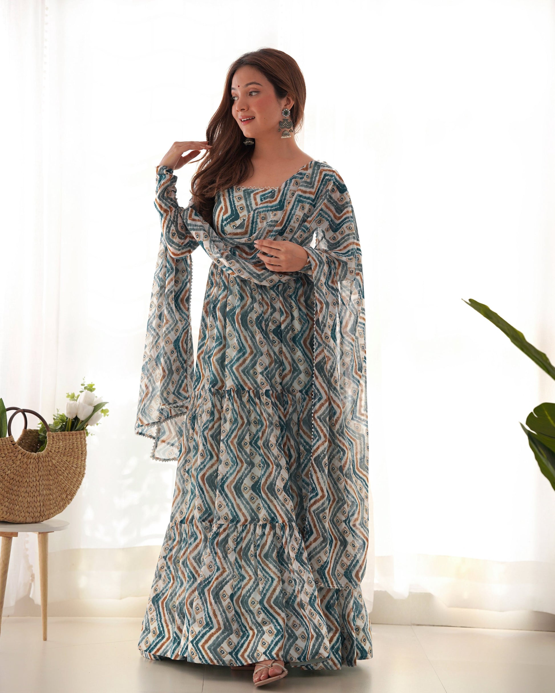 Teeya Creation Multicolor Digital Print Faux Georgette Anarkali With Pants And Dupatta
