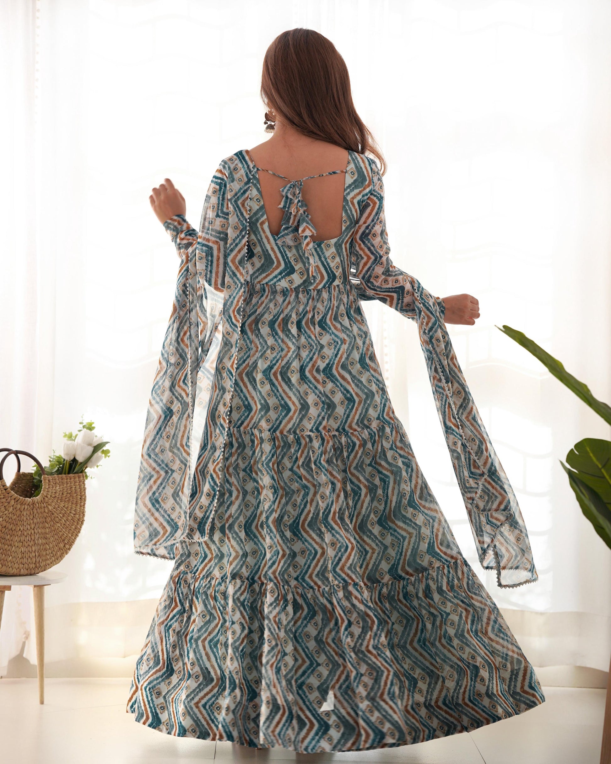 Teeya Creation Multicolor Digital Print Faux Georgette Anarkali With Pants And Dupatta