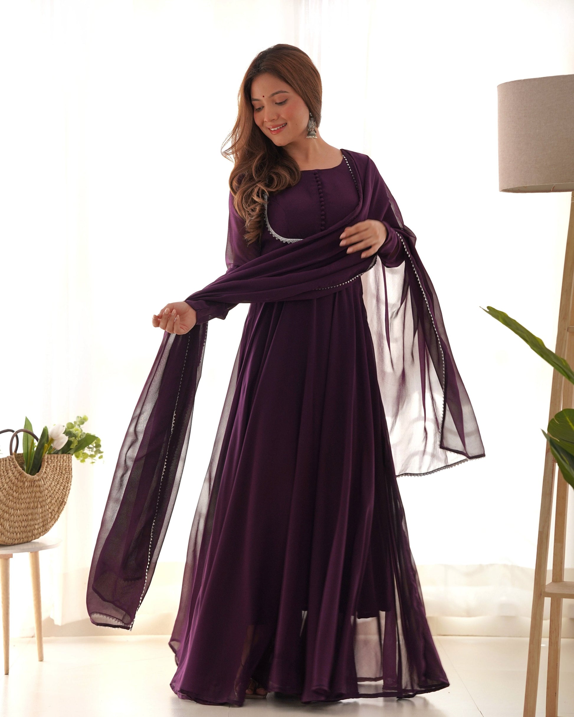 Teeya Creation Wine Color Faux Georgette Anarkali Gown With Pants And Dupatta