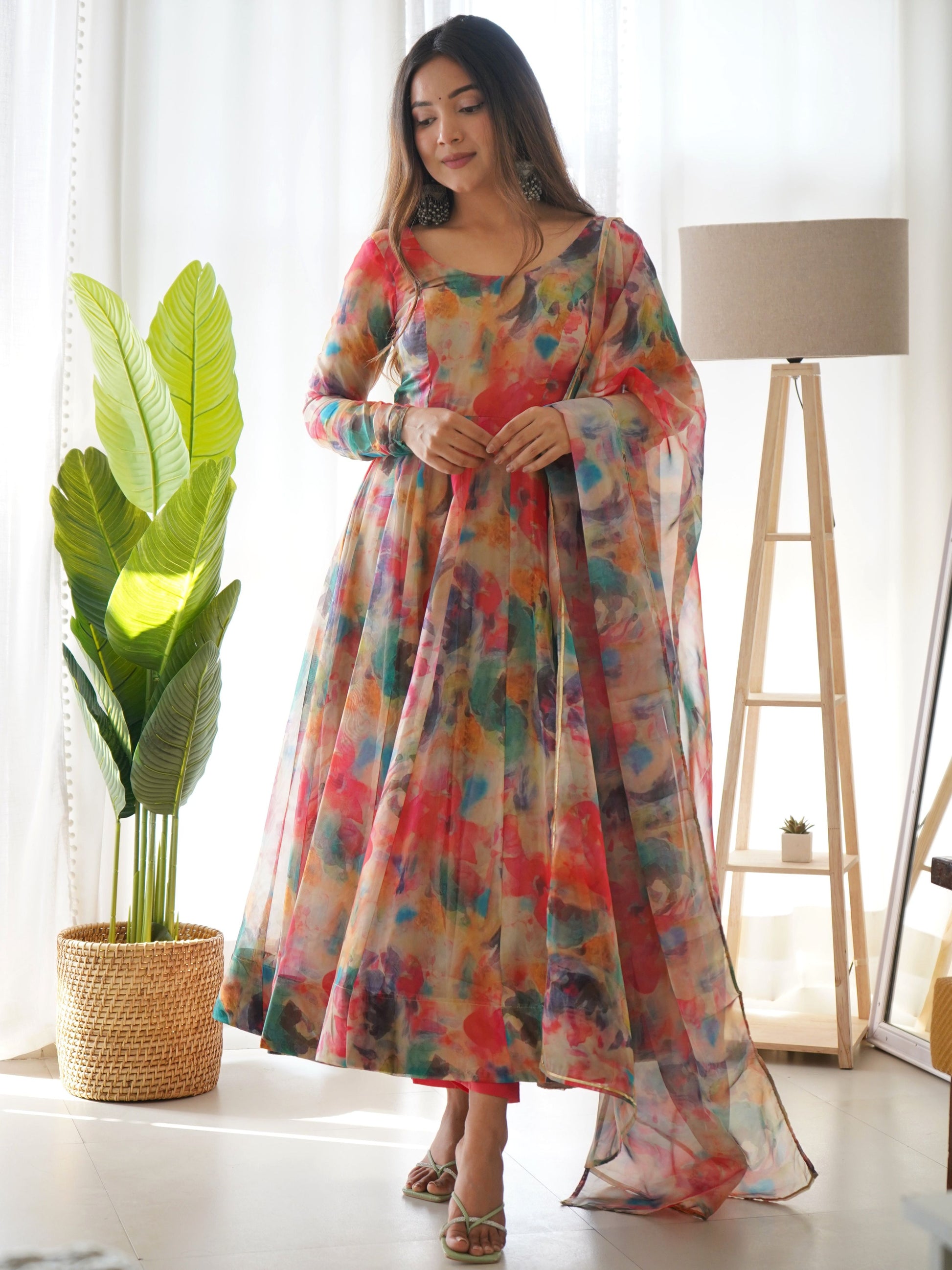 Teeya Creation Multicolor Digital Print Soft organza Anarkali With Pants And Dupatta | Grab2Buy