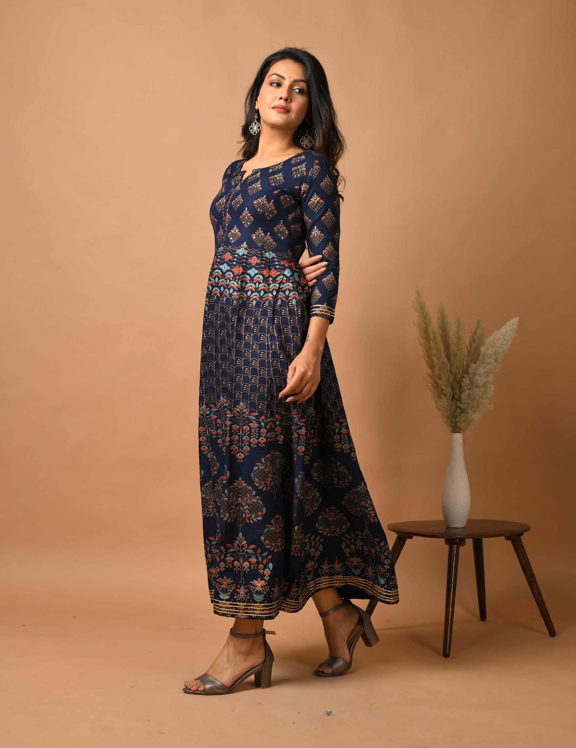 Kaajh Women's Blue Gold Print Anarkali kurta