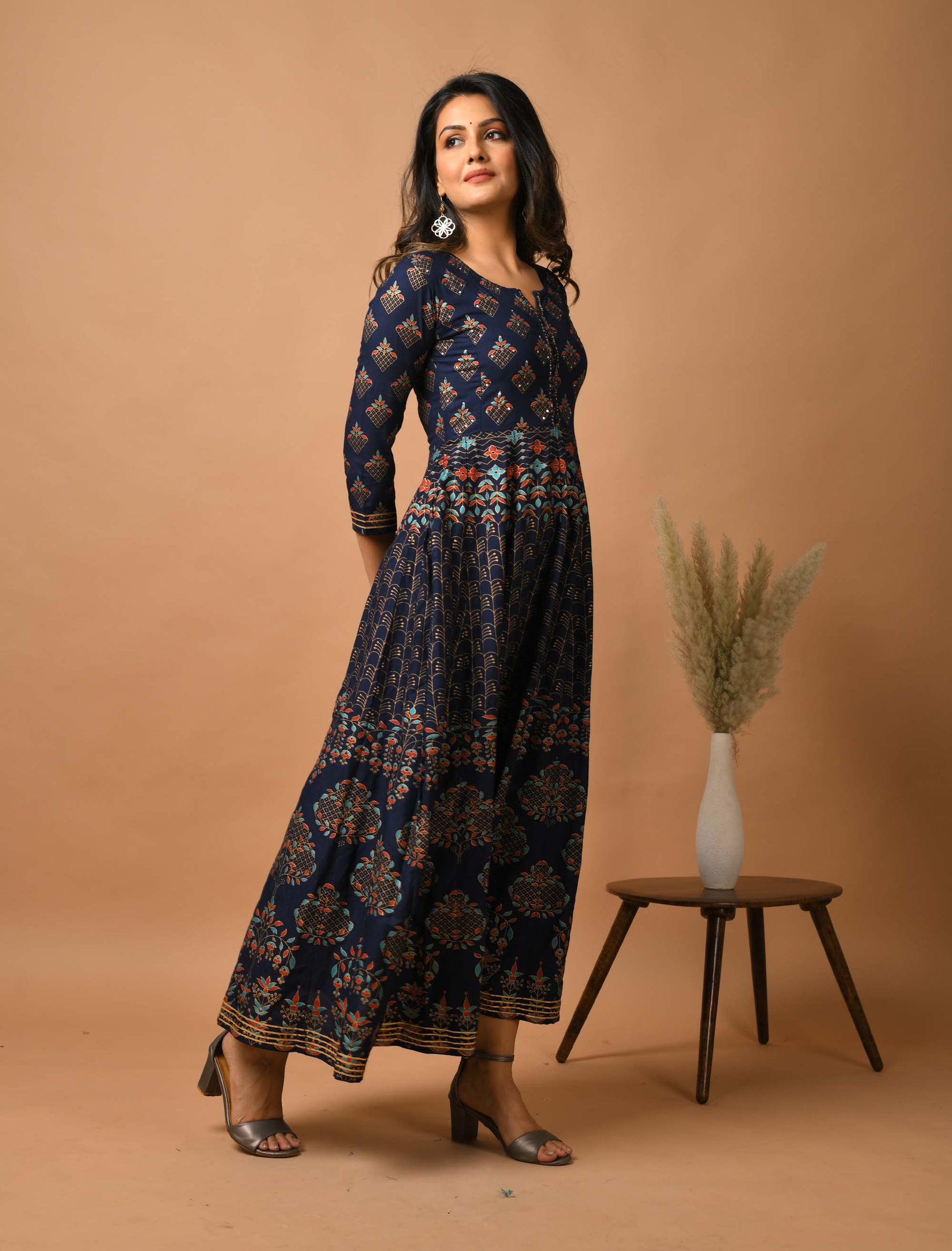 Kaajh Women's Blue Gold Print Anarkali kurta