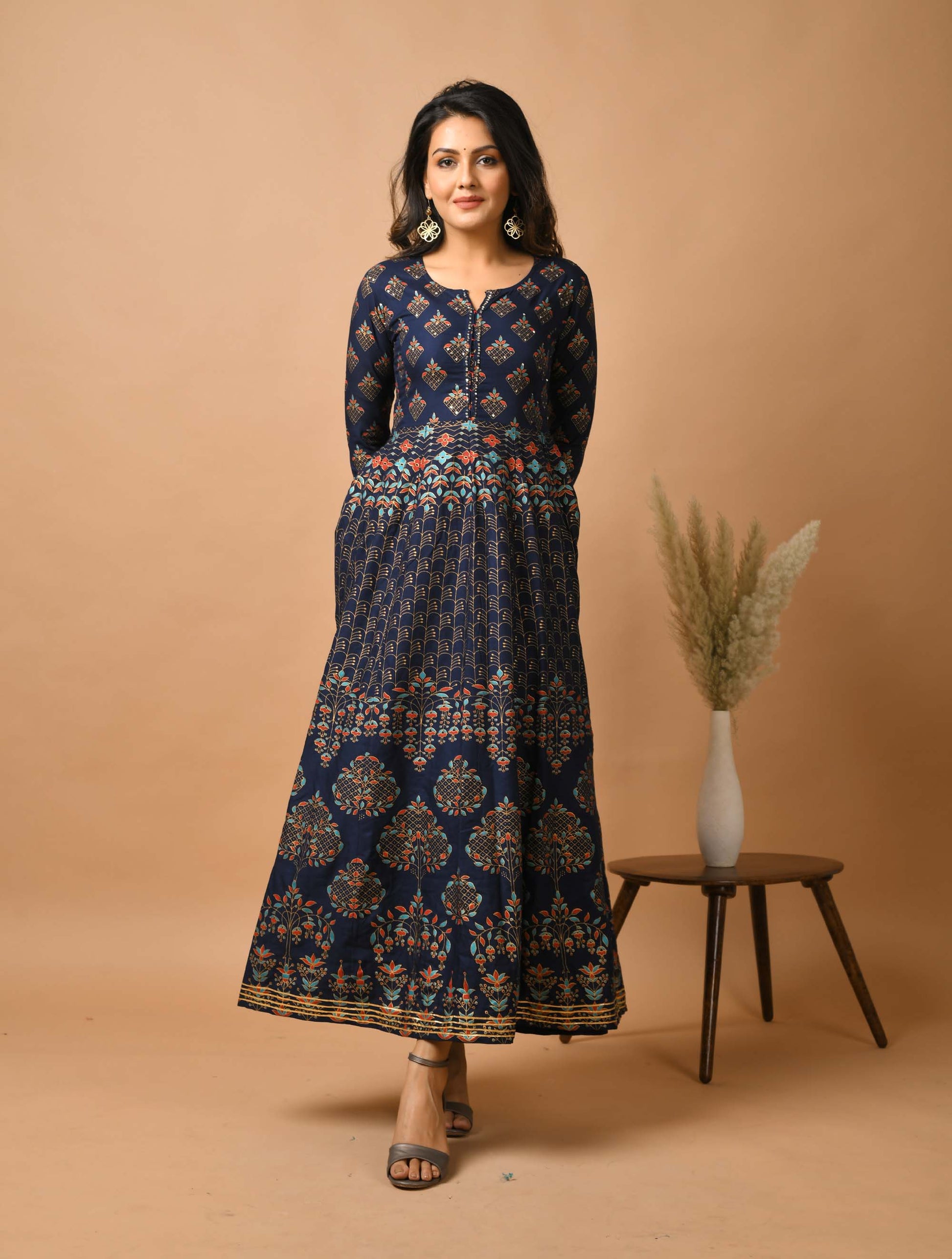 Kaajh Women's Blue Gold Print Anarkali kurta