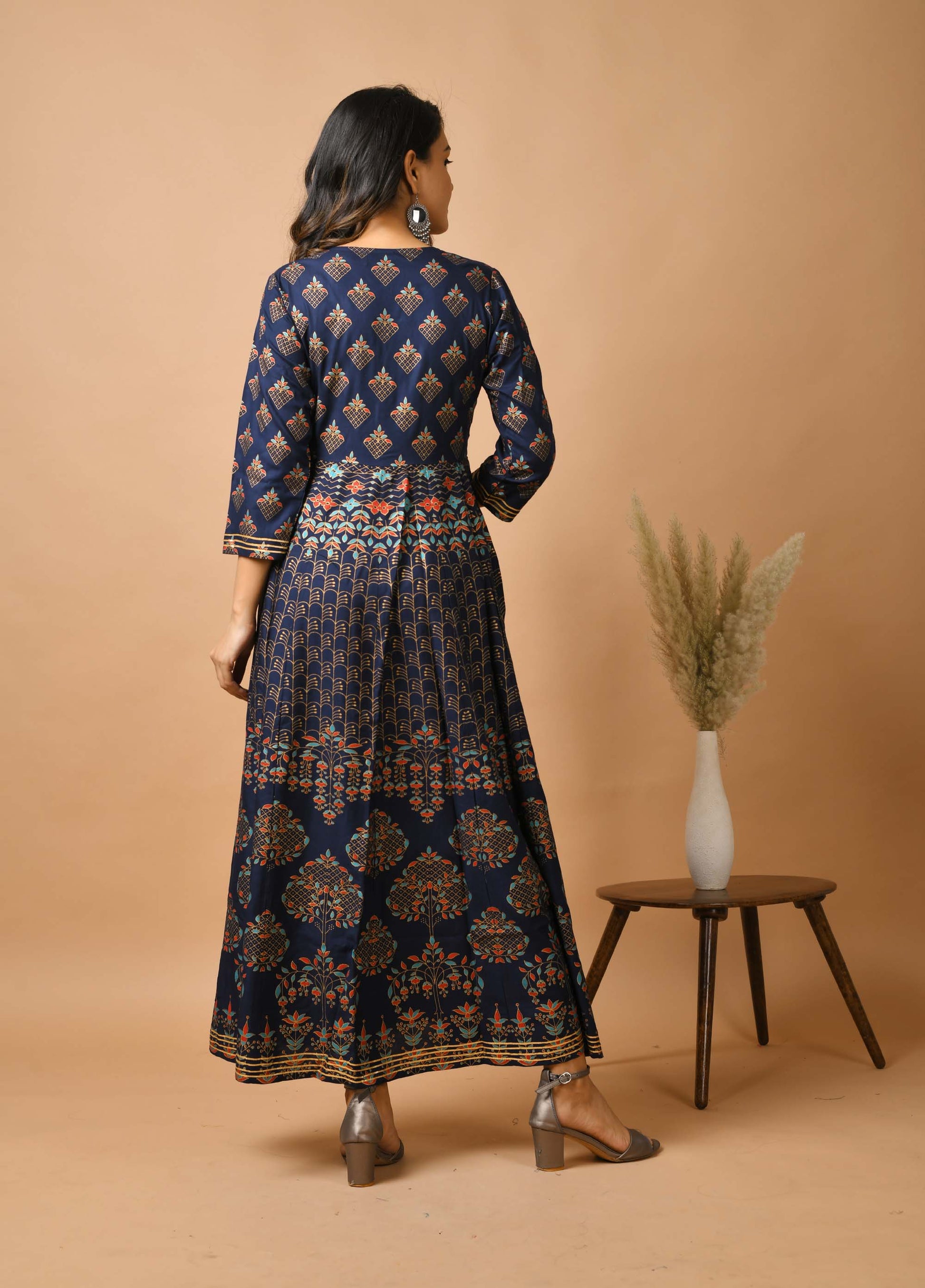 Kaajh Women's Blue Gold Print Anarkali kurta