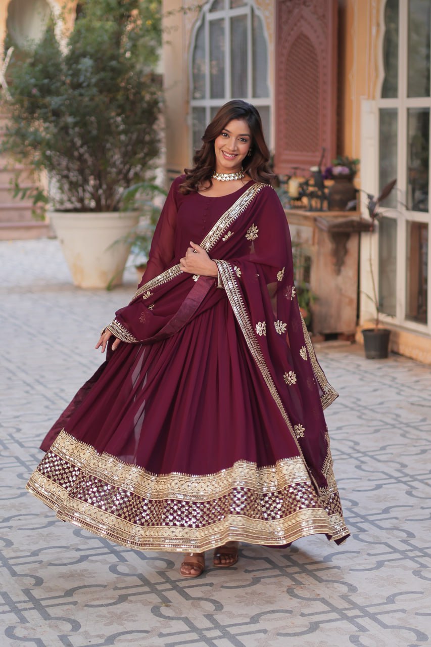 Teeya Creation Maroon Color Faux Georgette Heavy Embroidery Work Fully Stitched Gown