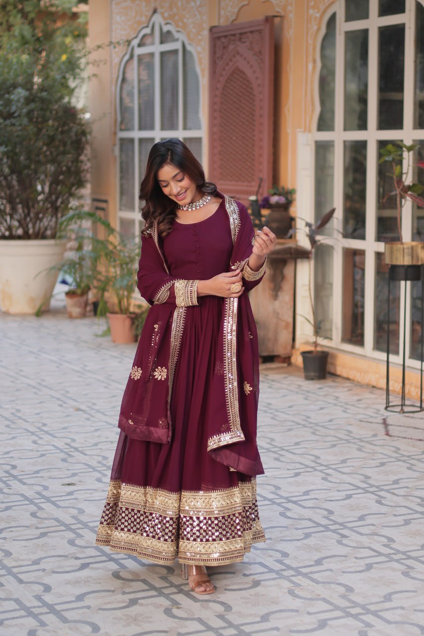 Teeya Creation Maroon Color Faux Georgette Heavy Embroidery Work Fully Stitched Gown
