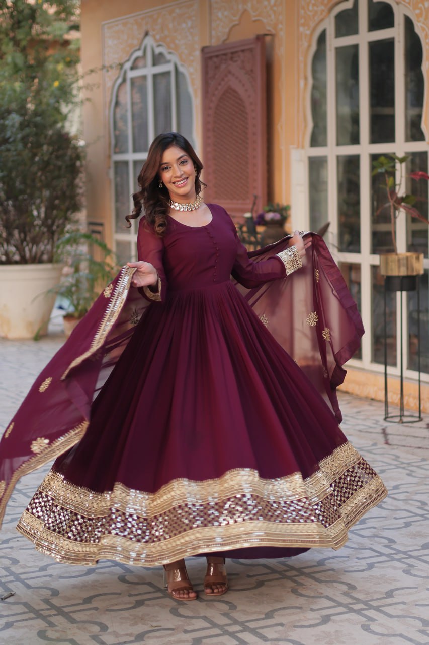 Teeya Creation Maroon Color Faux Georgette Heavy Embroidery Work Fully Stitched Gown