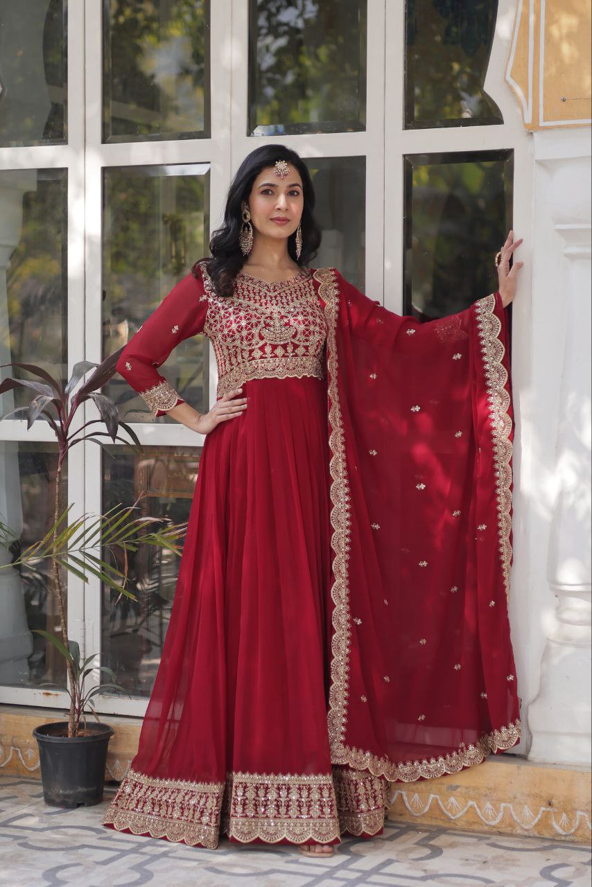 Teeya Creation Maroon Color Faux Georgette Heavy Embroidery Work Fully Stitched Gown