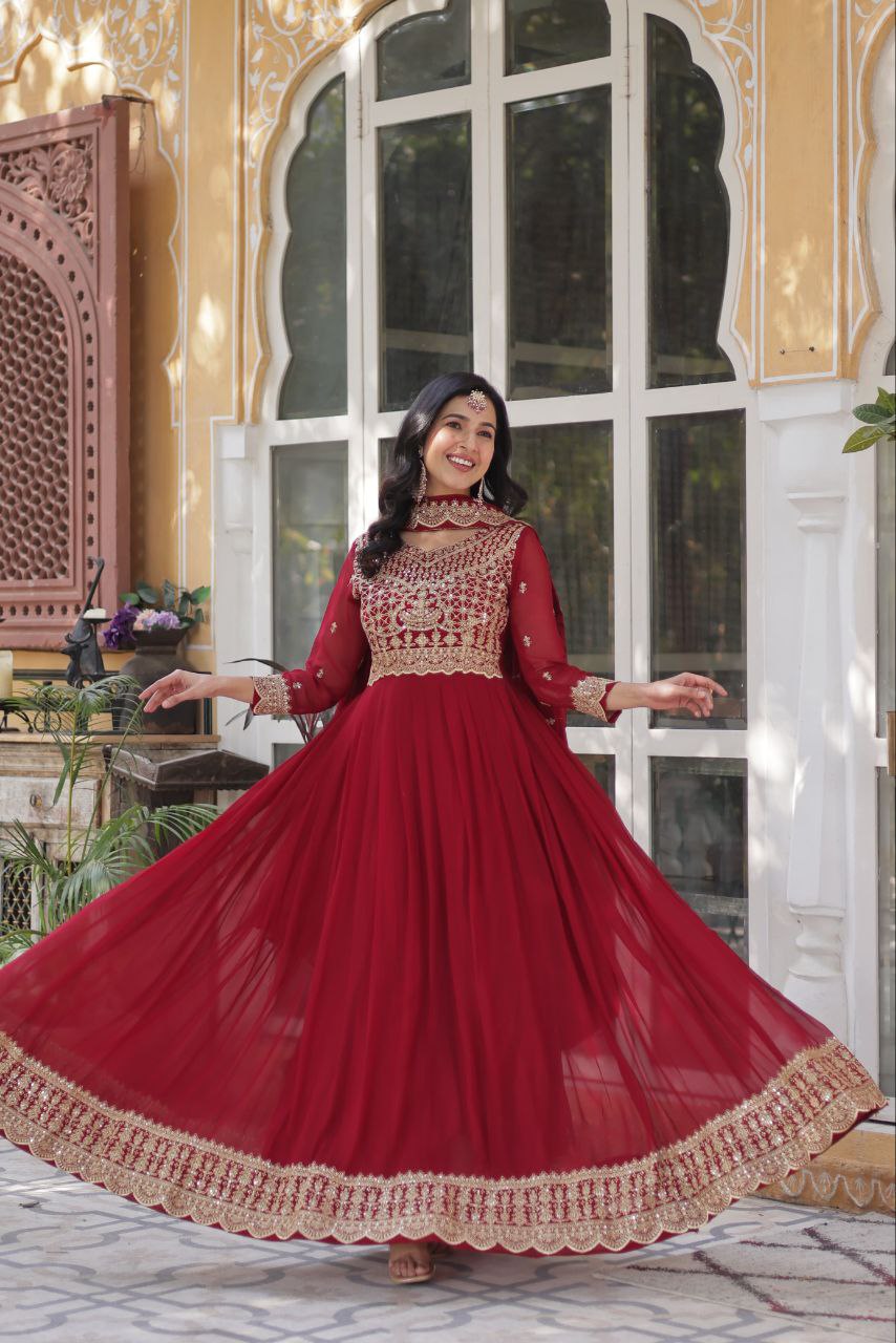Teeya Creation Maroon Color Faux Georgette Heavy Embroidery Work Fully Stitched Gown