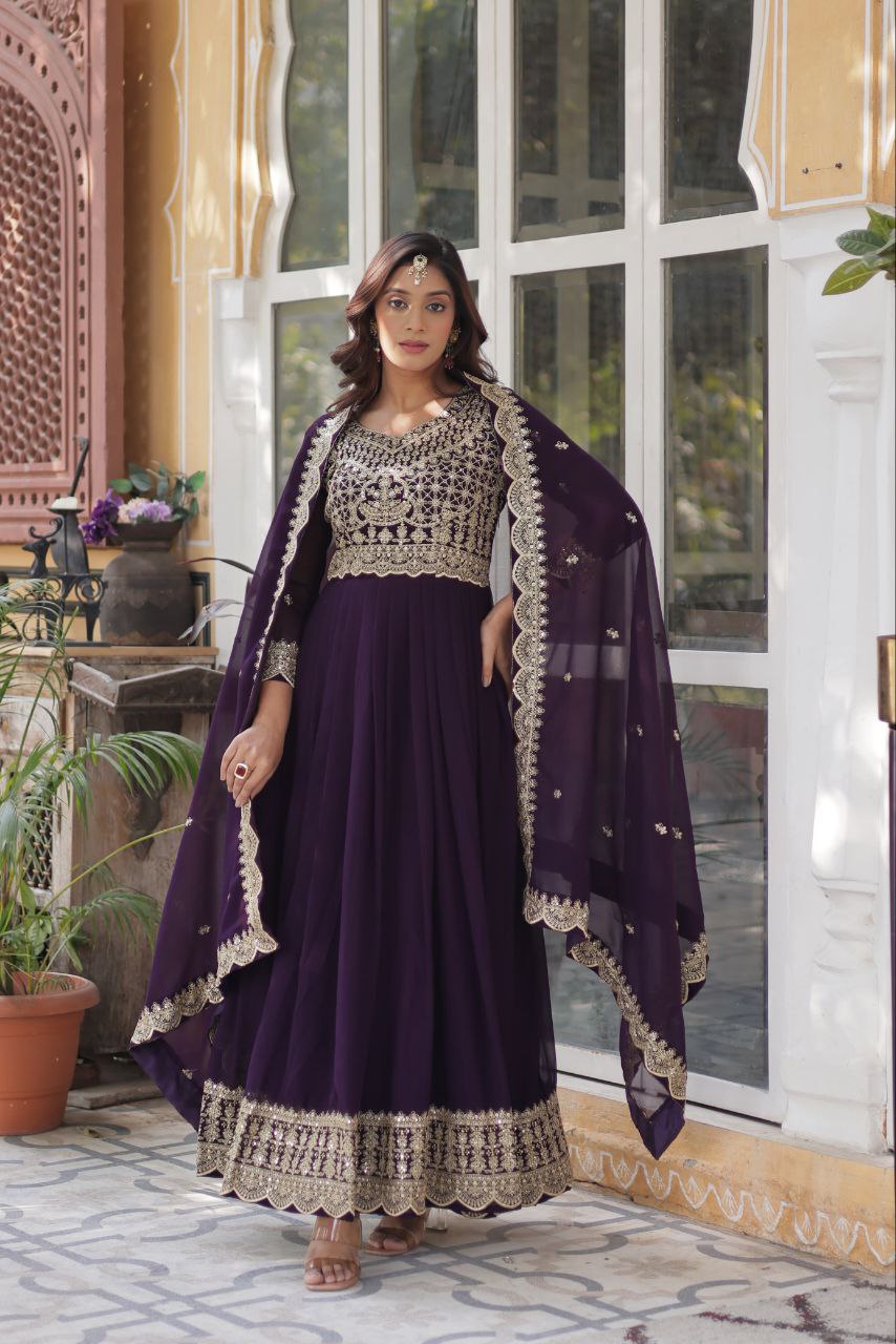 Teeya Creation Purple Color Faux Georgette Heavy Embroidery Work Fully Stitched Gown