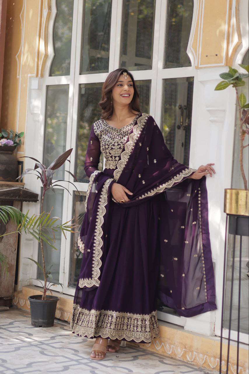Teeya Creation Purple Color Faux Georgette Heavy Embroidery Work Fully Stitched Gown
