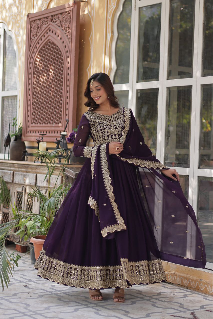Teeya Creation Purple Color Faux Georgette Heavy Embroidery Work Fully Stitched Gown