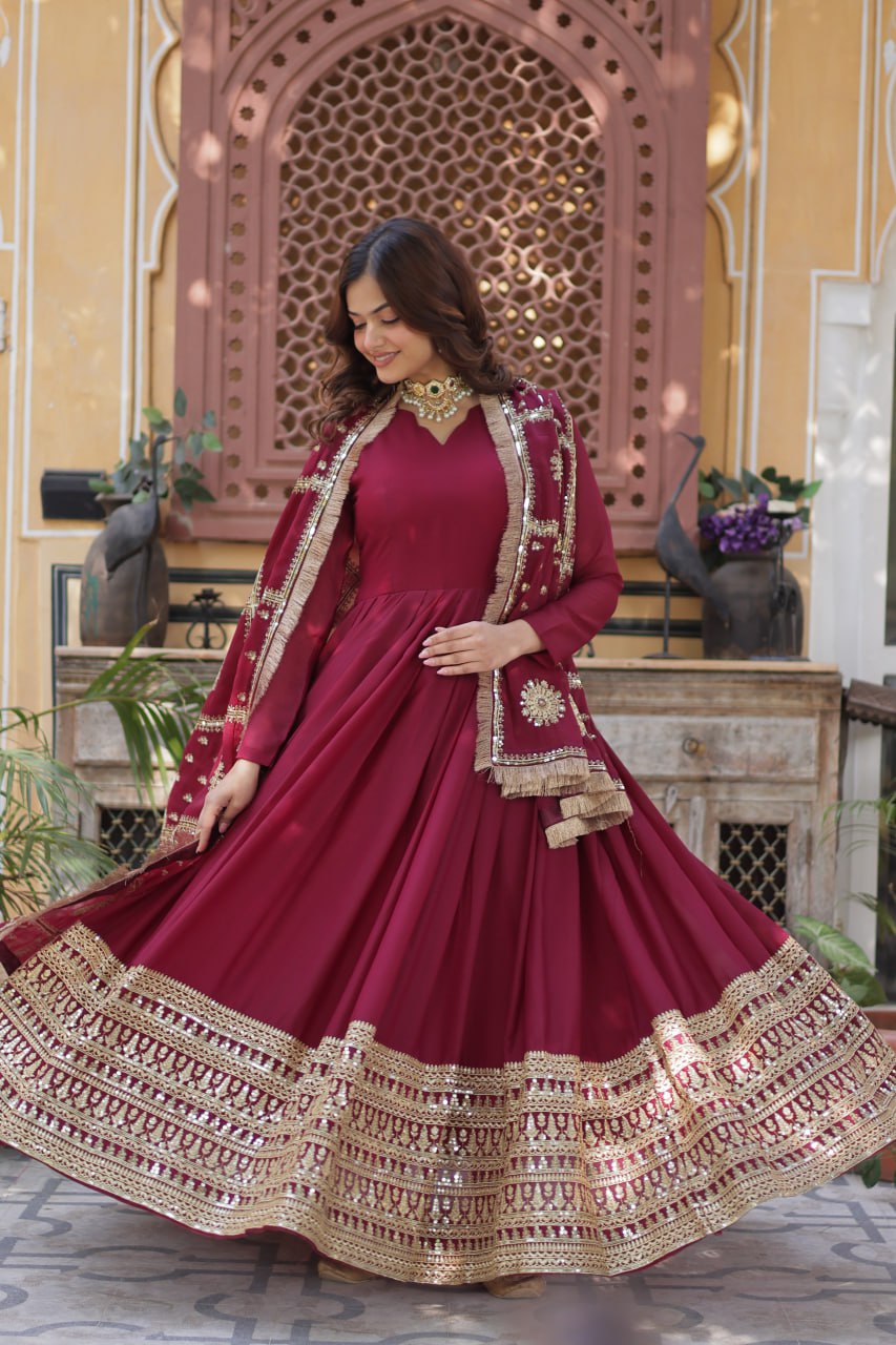 Teeya Creation Maroon Color Stra Georgette Heavy Embroidery Work Fully Stitched Gown