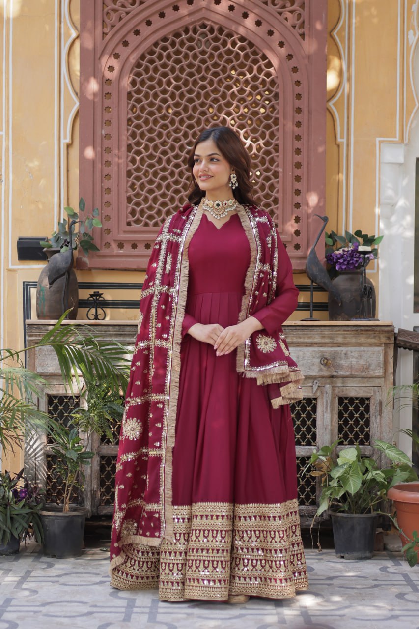 Teeya Creation Maroon Color Stra Georgette Heavy Embroidery Work Fully Stitched Gown