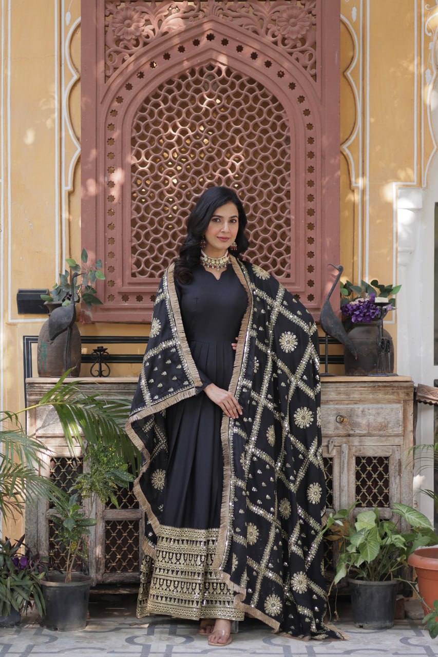 Teeya Creation Black Color Stra Georgette Heavy Embroidery Work Fully Stitched Gown