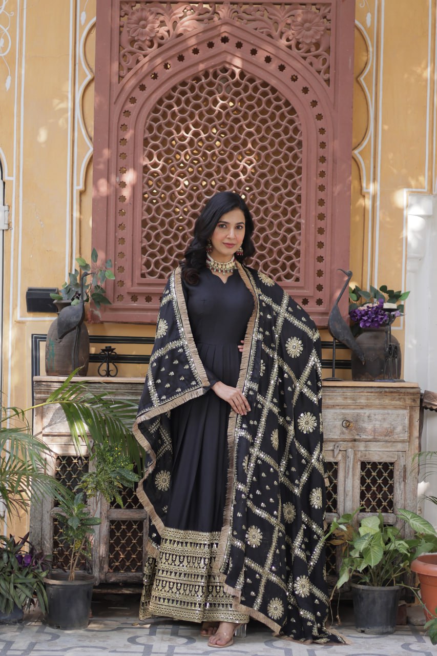 Teeya Creation Black Color Stra Georgette Heavy Embroidery Work Fully Stitched Gown