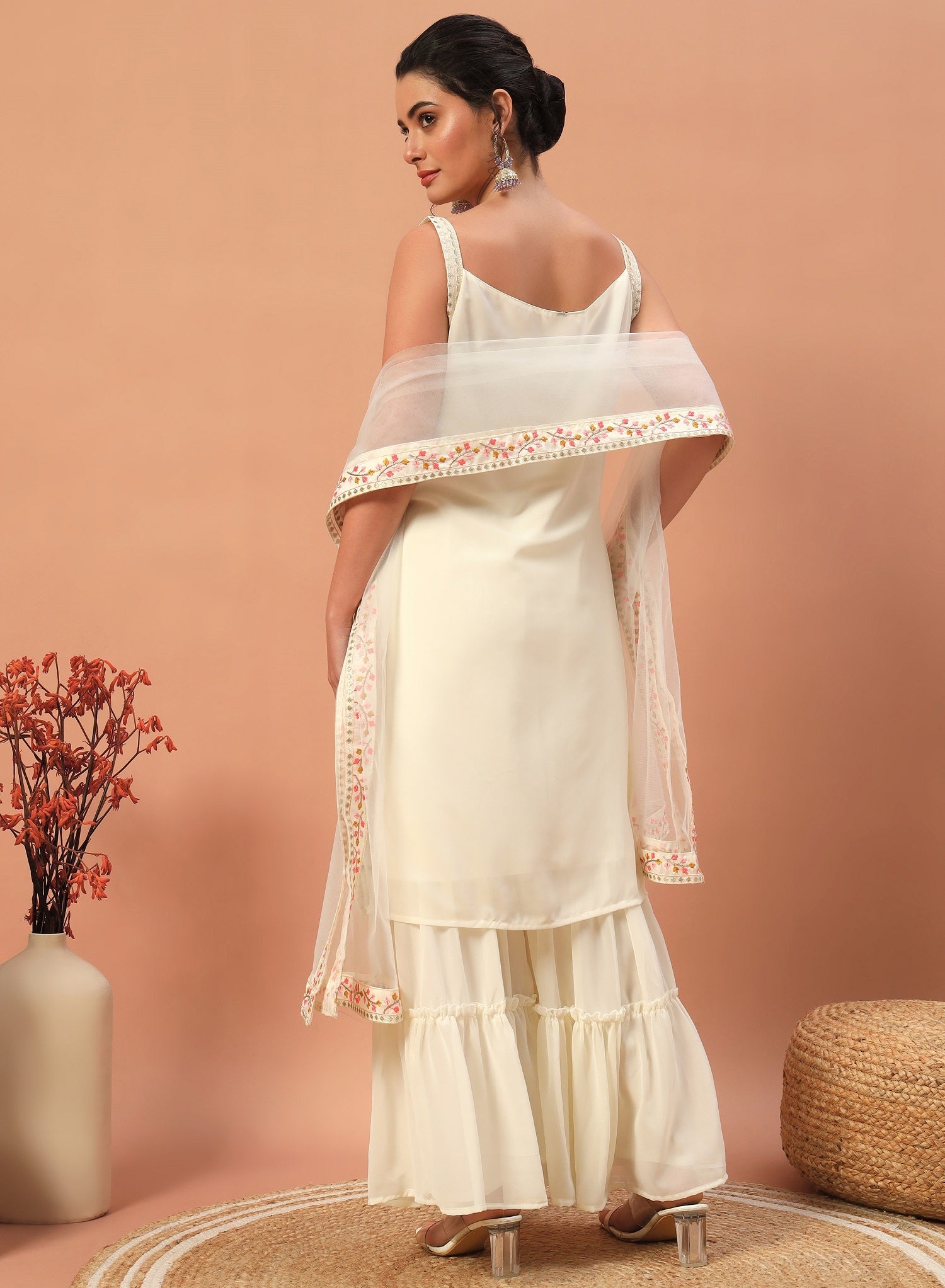 Teeya Creation Cream Color Faux georgette Heavy Embroidery Work Fully Stitched Sharara Set