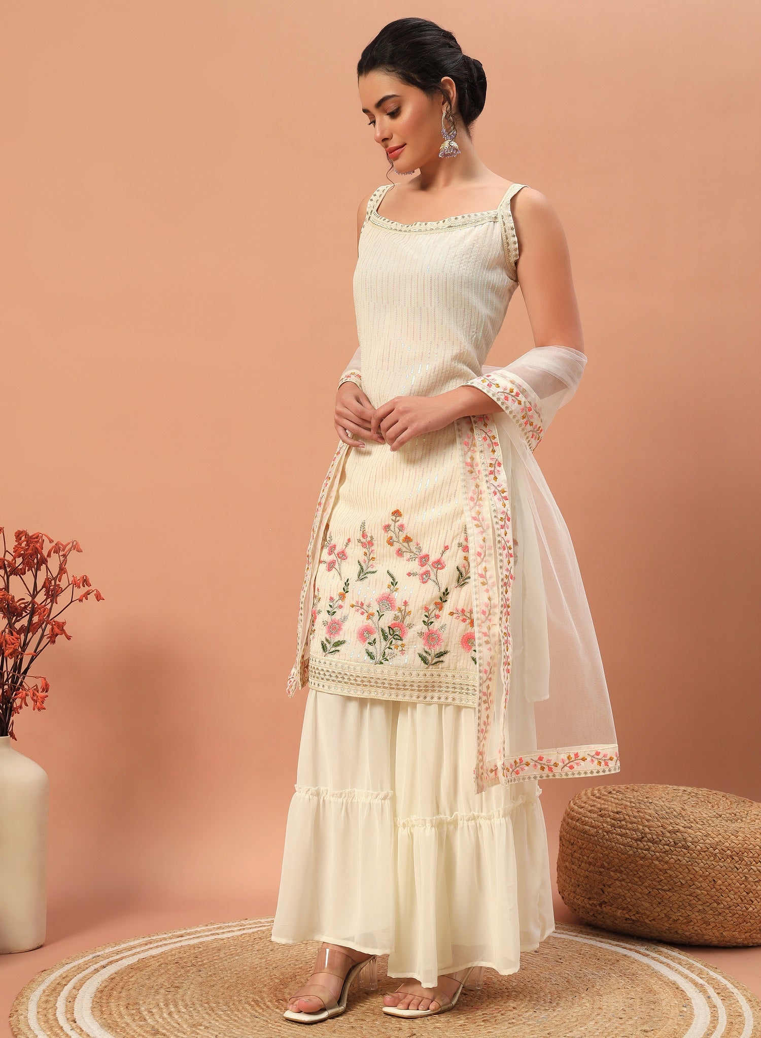 Teeya Creation Cream Color Faux georgette Heavy Embroidery Work Fully Stitched Sharara Set