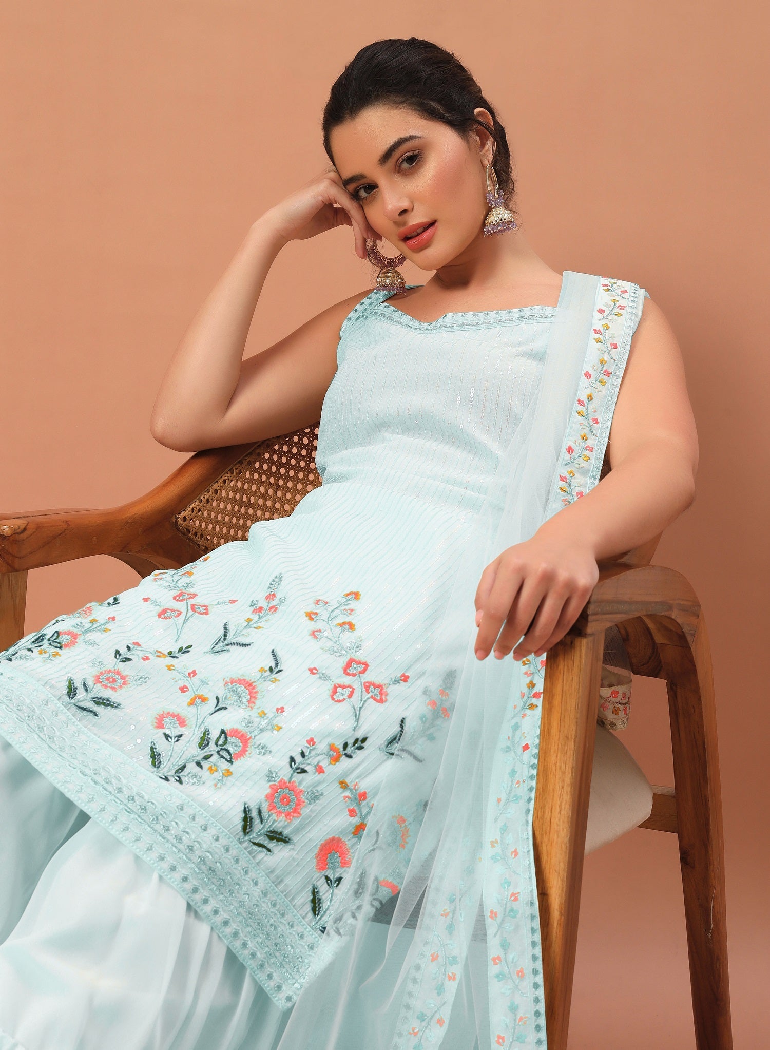 Teeya Creation Sky Color Faux georgette Heavy Embroidery Work Fully Stitched Sharara Set