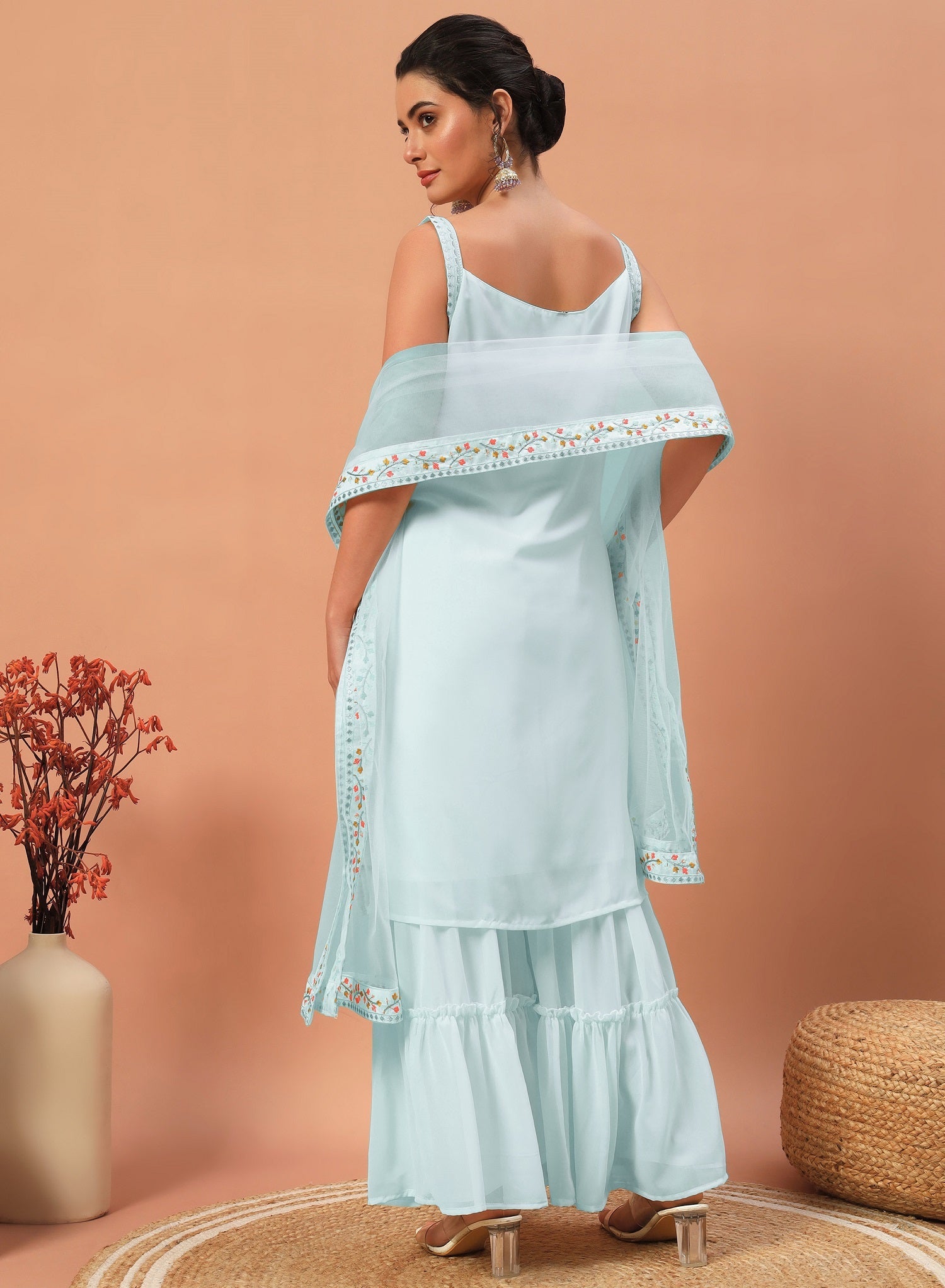 Teeya Creation Sky Color Faux georgette Heavy Embroidery Work Fully Stitched Sharara Set