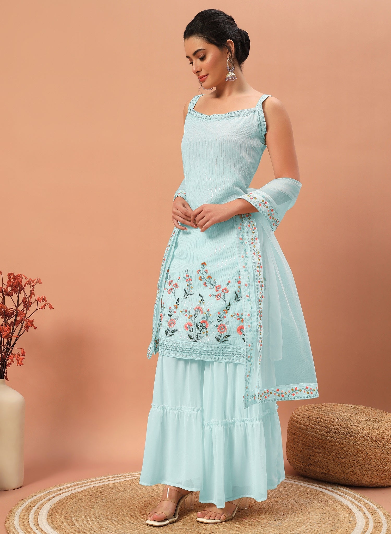 Teeya Creation Sky Color Faux georgette Heavy Embroidery Work Fully Stitched Sharara Set