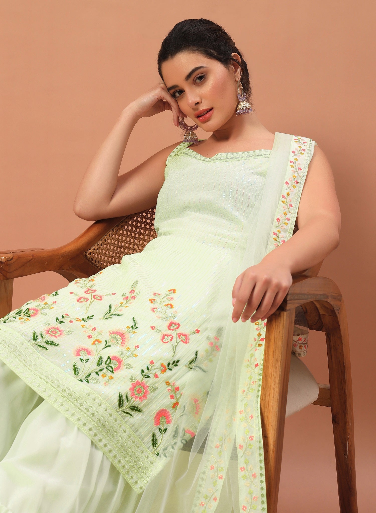 Teeya Creation Pista Color Faux georgette Heavy Embroidery Work Fully Stitched Sharara Set