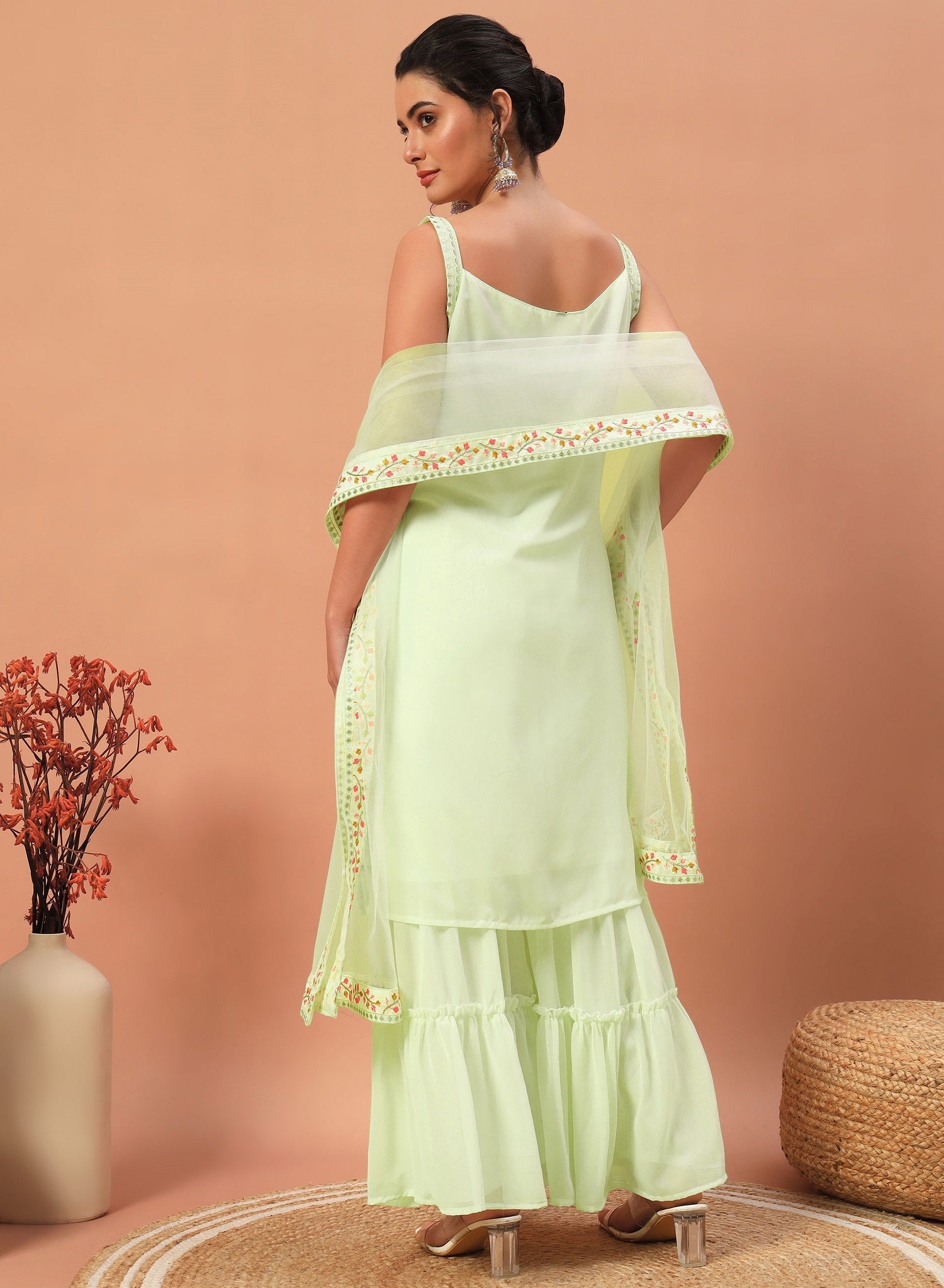 Teeya Creation Pista Color Faux georgette Heavy Embroidery Work Fully Stitched Sharara Set