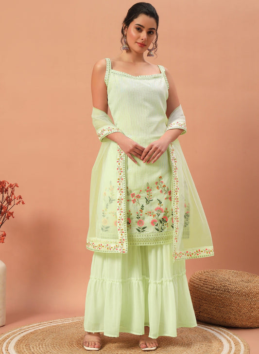 Teeya Creation Pista Color Faux georgette Heavy Embroidery Work Fully Stitched Sharara Set