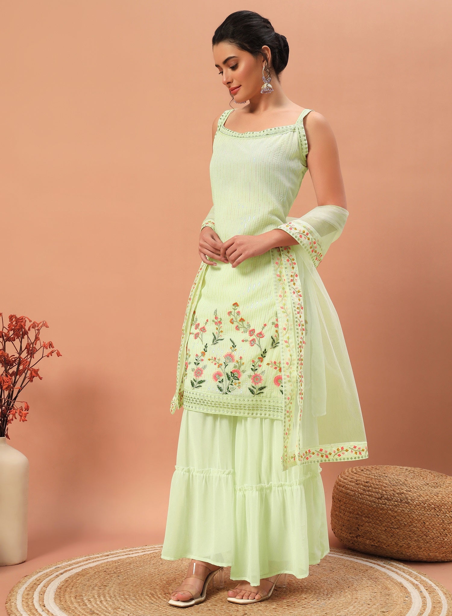 Teeya Creation Pista Color Faux georgette Heavy Embroidery Work Fully Stitched Sharara Set
