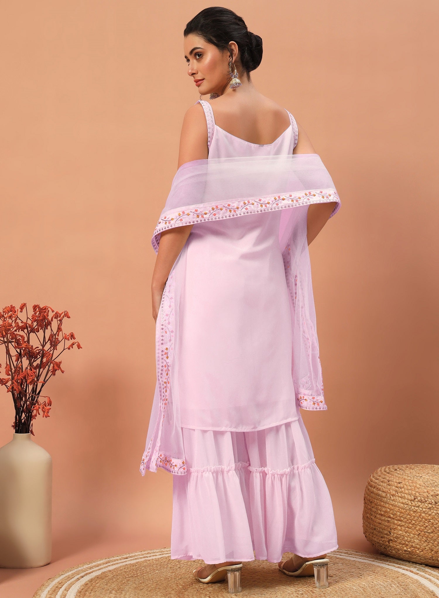 Teeya Creation Pink Color Faux georgette Heavy Embroidery Work Fully Stitched Sharara Set
