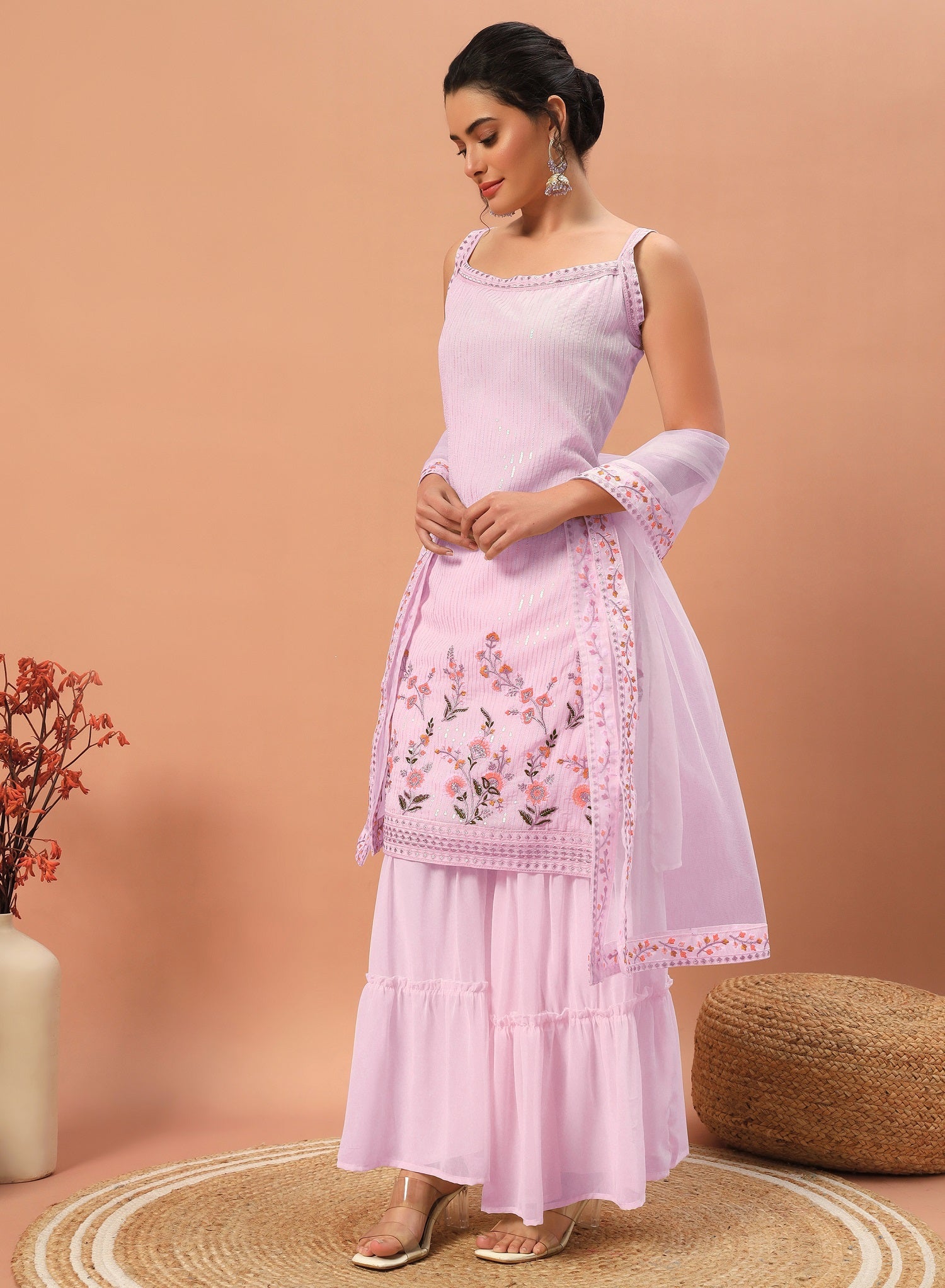 Teeya Creation Pink Color Faux georgette Heavy Embroidery Work Fully Stitched Sharara Set