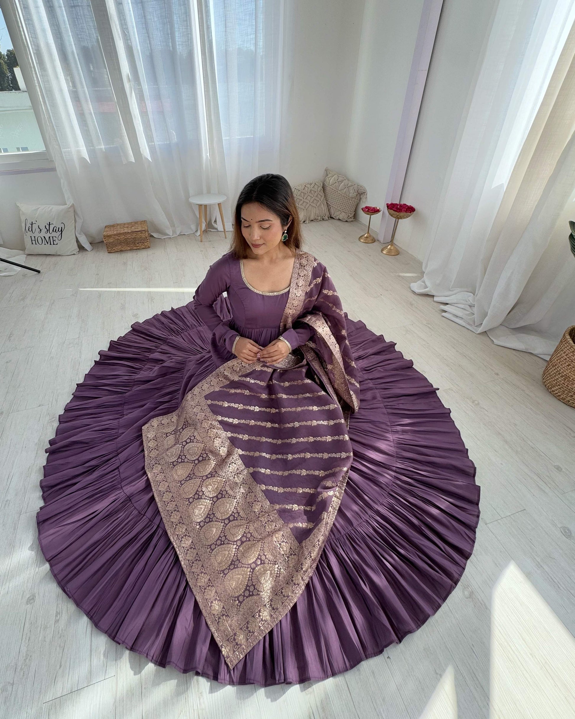 Teeya Creation Violet Color Pure Roman Silk Chanderi Fully Flared Anarkali Gown