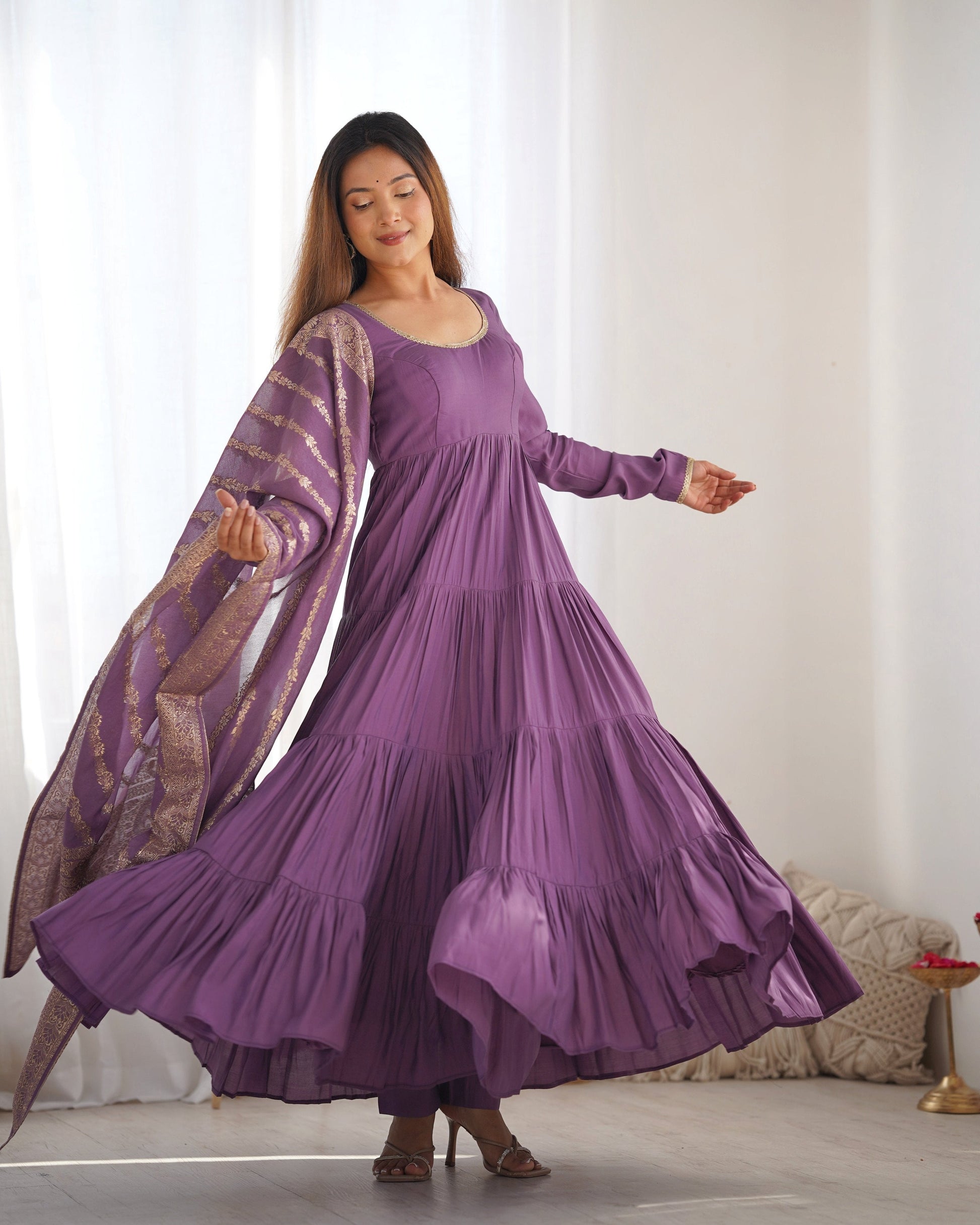 Teeya Creation Violet Color Pure Roman Silk Chanderi Fully Flared Anarkali Gown