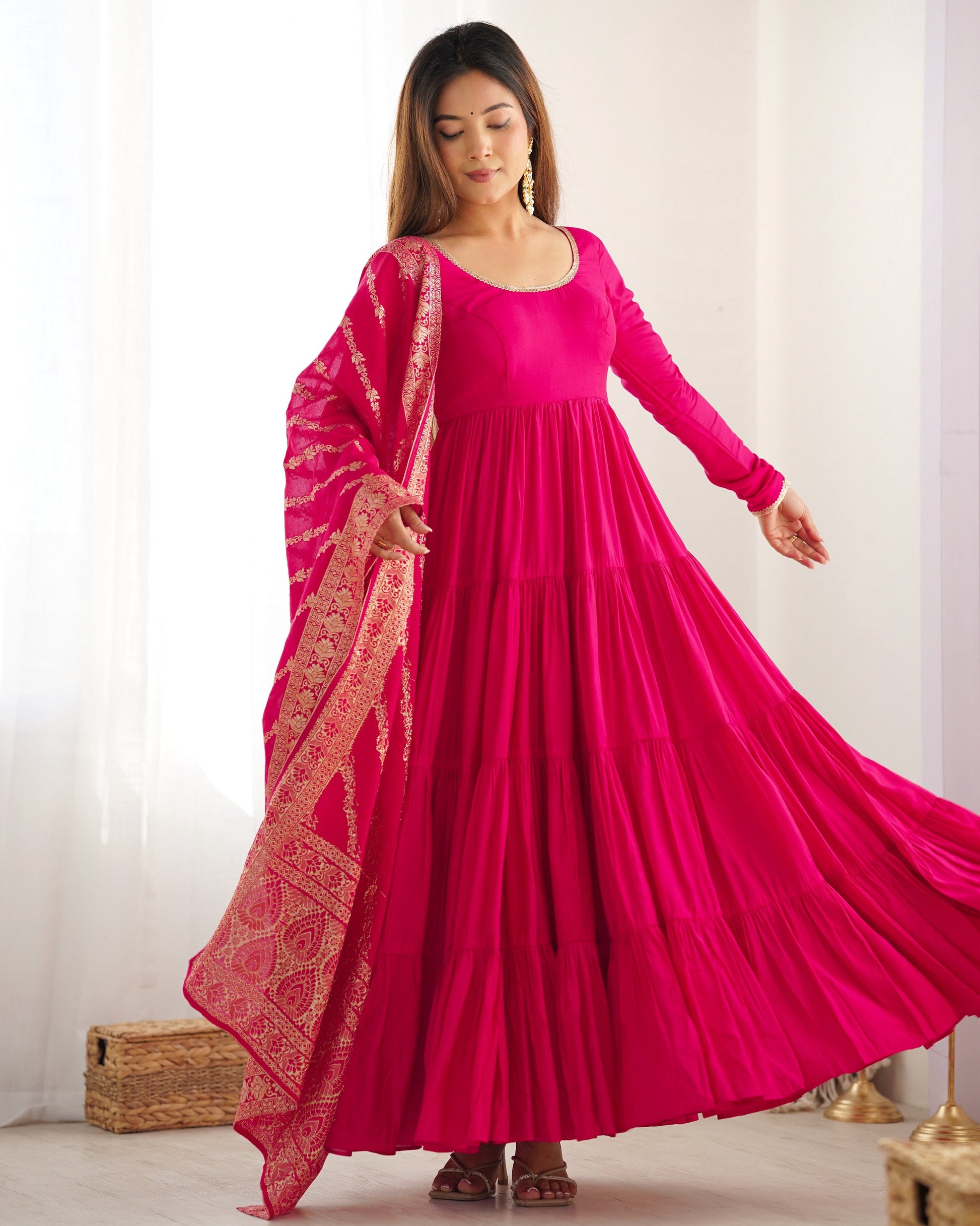 Teeya Creation Pink Color Pure Roman Silk Chanderi Fully Flared Anarkali Gown