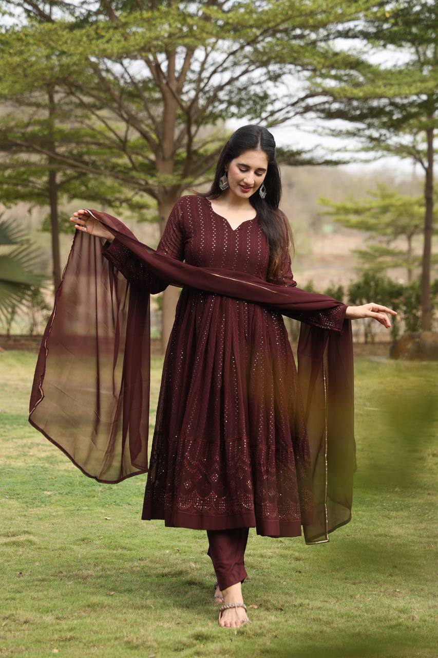 Teeya Creation Coffee Color Georgette Fabric Heavy Embroidery Work Fully Stitched Gown