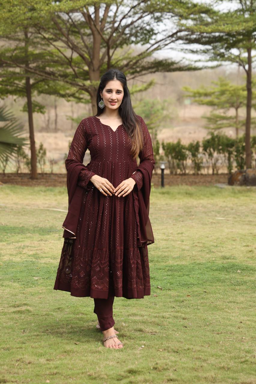Teeya Creation Coffee Color Georgette Fabric Heavy Embroidery Work Fully Stitched Gown