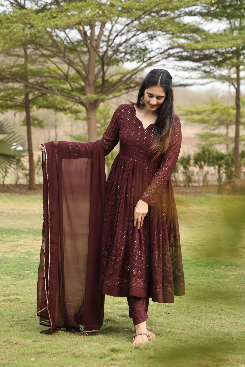 Teeya Creation Coffee Color Georgette Fabric Heavy Embroidery Work Fully Stitched Gown