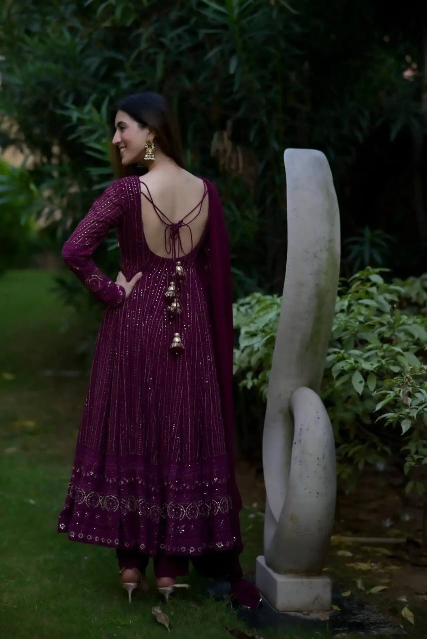 Teeya Creation Wine Color Georgette Fabric Heavy Embroidery Work Fully Stitched Gown