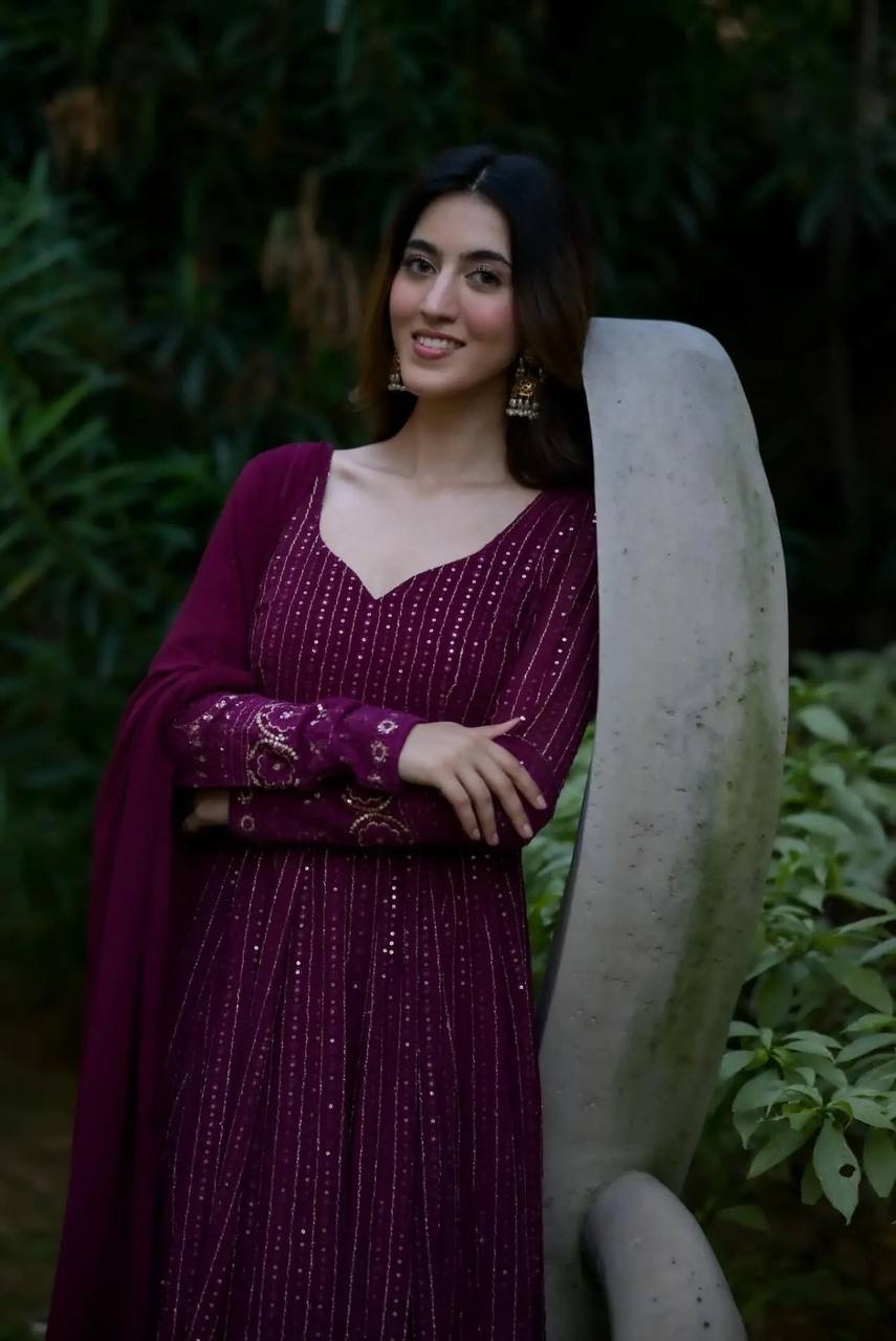 Teeya Creation Wine Color Georgette Fabric Heavy Embroidery Work Fully Stitched Gown