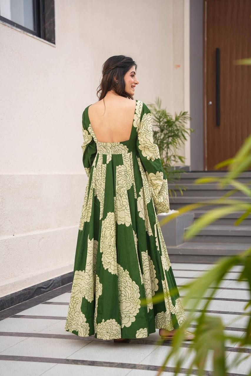 Teeya Creation Mahendi Green Color Muslin Silk Digital Printed Anarkali gown