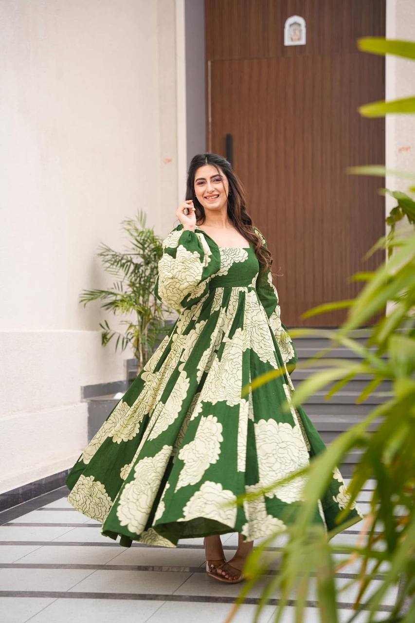 Teeya Creation Mahendi Green Color Muslin Silk Digital Printed Anarkali gown
