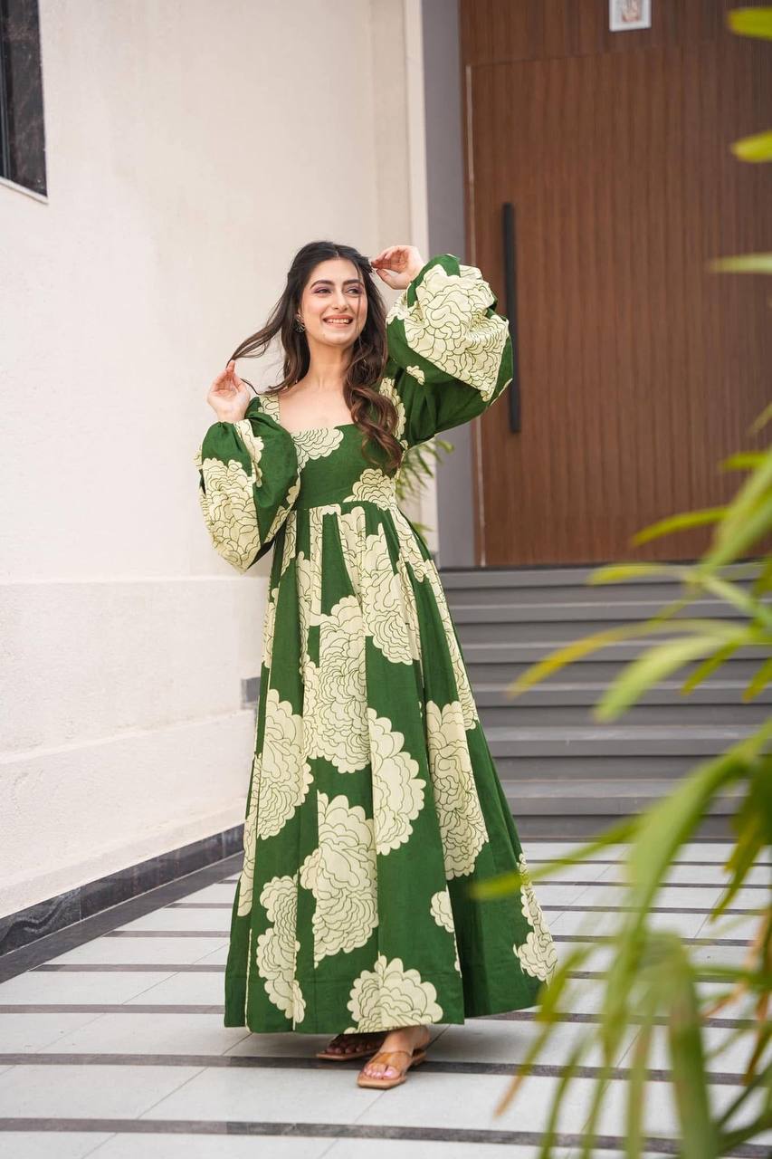 Teeya Creation Mahendi Green Color Muslin Silk Digital Printed Anarkali gown